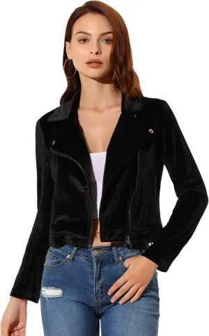 Allegra K Women's Velvet Lapel Collar Zip Up Coat Crop Moto Biker Jacket Winter Fall 2025