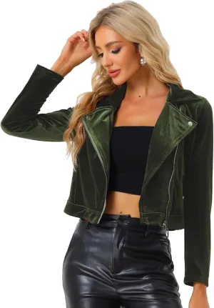 Allegra K Women's Velvet Lapel Collar Zip Up Coat Crop Moto Biker Jacket Winter Fall 2025