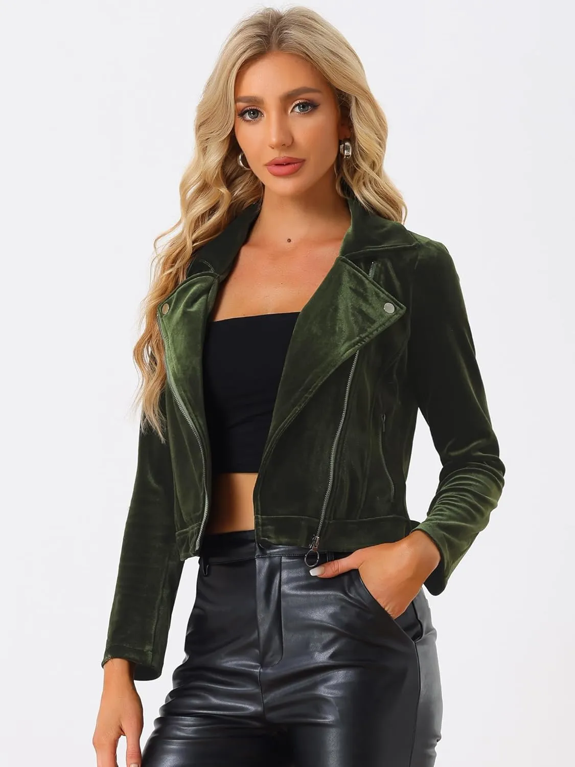 Allegra K Women's Velvet Lapel Collar Zip Up Coat Crop Moto Biker Jacket Winter Fall 2025