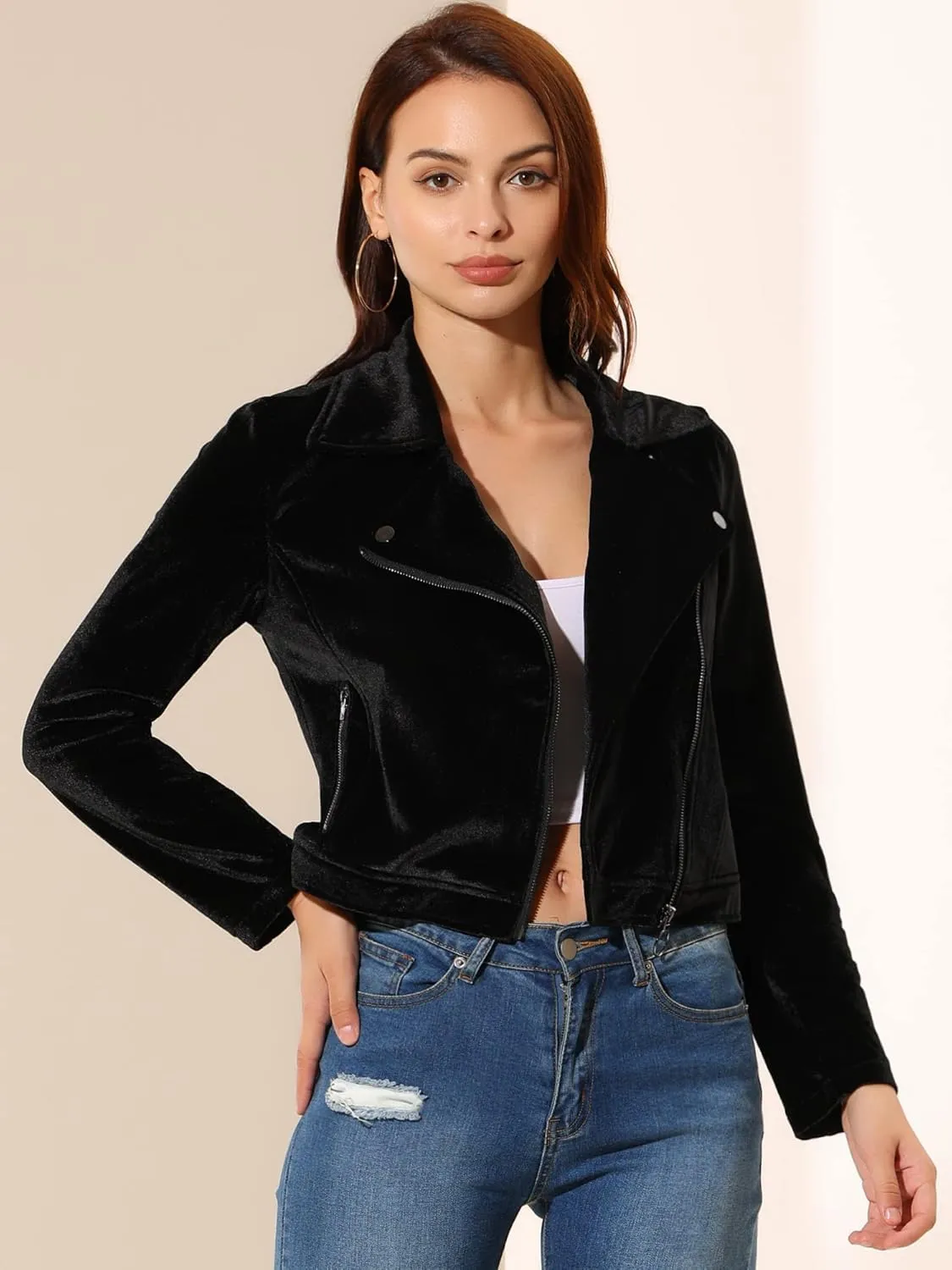 Allegra K Women's Velvet Lapel Collar Zip Up Coat Crop Moto Biker Jacket Winter Fall 2025