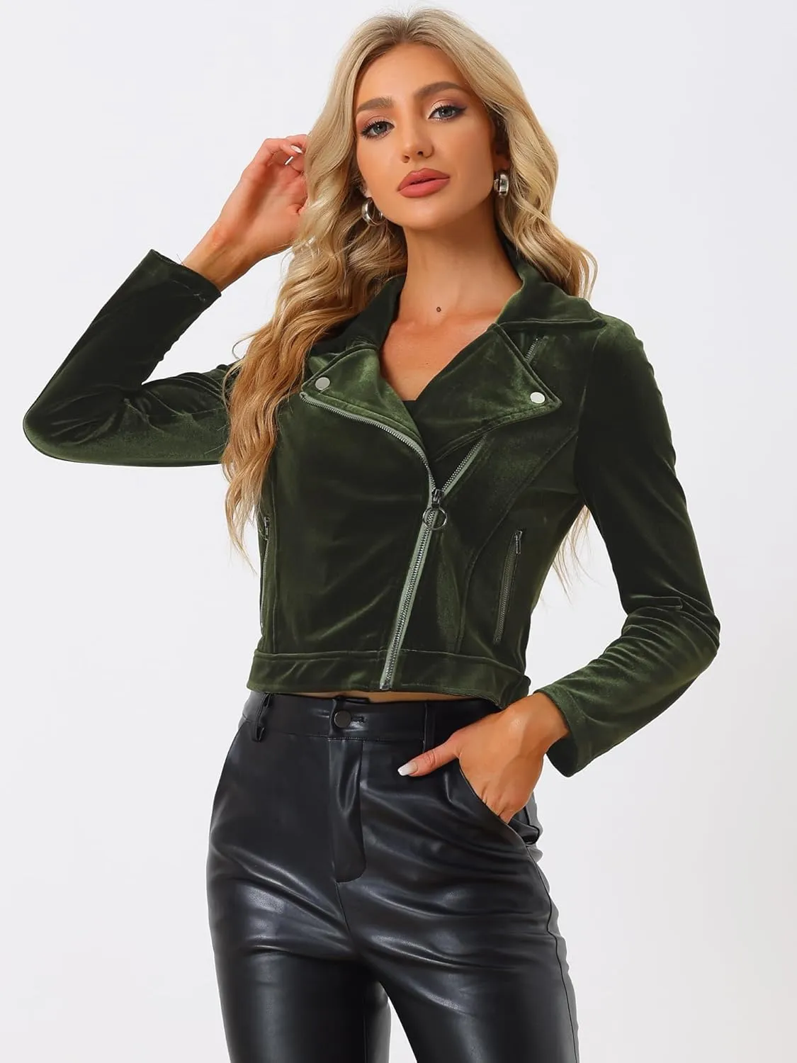 Allegra K Women's Velvet Lapel Collar Zip Up Coat Crop Moto Biker Jacket Winter Fall 2025