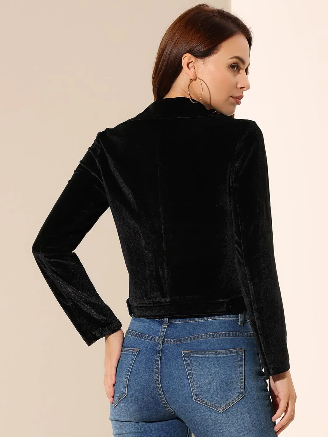 Allegra K Women's Velvet Lapel Collar Zip Up Coat Crop Moto Biker Jacket Winter Fall 2025