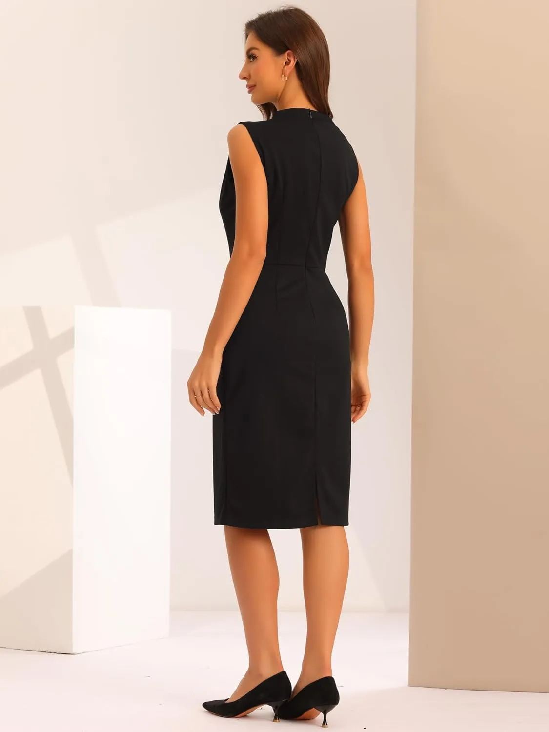 Allegra K Work Dress for Women's Crew Neck Business Casual Knee Length Sleeveless Sheath Dresses