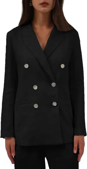 Amazhiyu Womens Pure Linen Double-Breasted Notched Long Sleeve Blazer with Pockets
