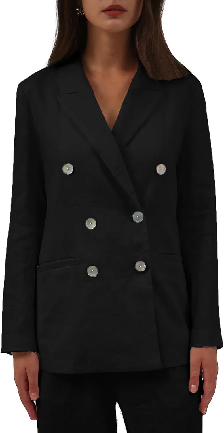 Amazhiyu Womens Pure Linen Double-Breasted Notched Long Sleeve Blazer with Pockets