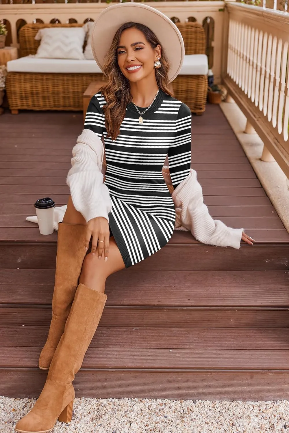 Beyove Women's Colorblock Striped Long Sleeve Cotton Knit Sweater Bodycon Dress XS-XXL