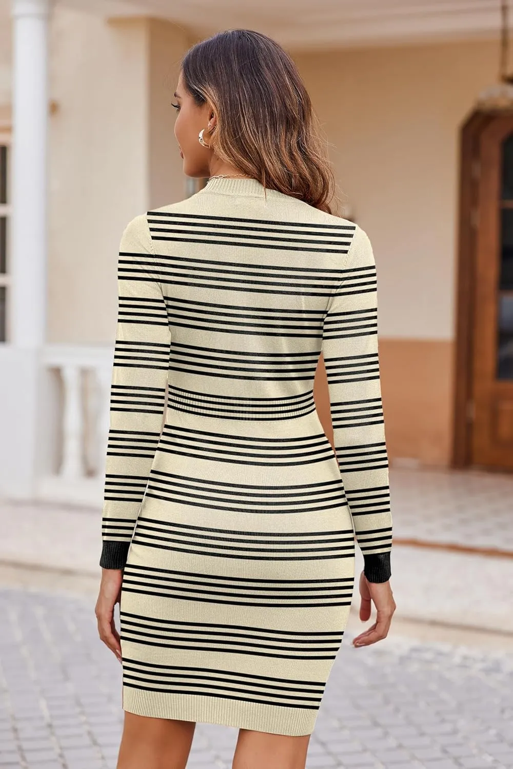 Beyove Women's Colorblock Striped Long Sleeve Cotton Knit Sweater Bodycon Dress XS-XXL
