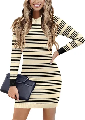 Beyove Women's Colorblock Striped Long Sleeve Cotton Knit Sweater Bodycon Dress XS-XXL