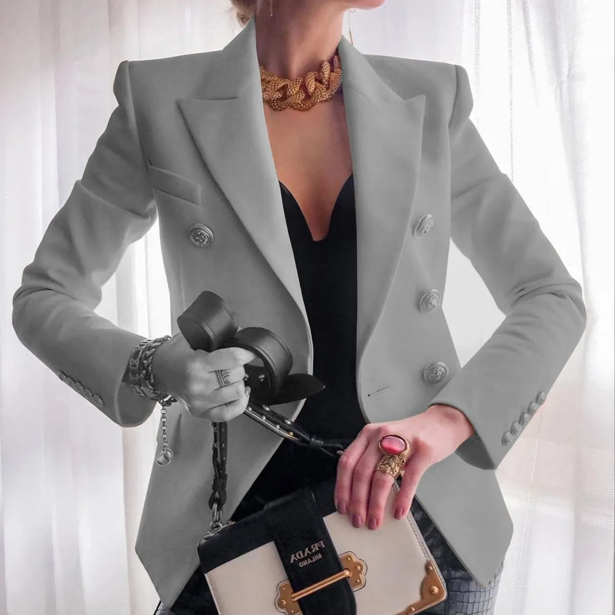 Blazers for Women Open Front Double Breasted Slim Blazer Casual Lapel Long Sleeve Business Jacket Outfits