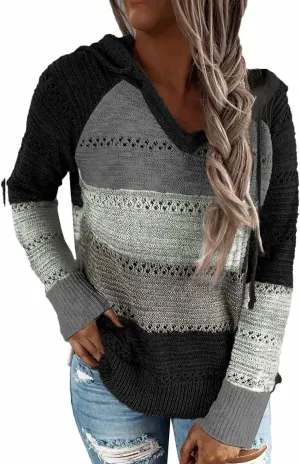 BLENCOT Women Color Block Hooded Crochet Striped Sweaters Lightweight Drawstring Hoodies Pullover Trendy Sweatshirts