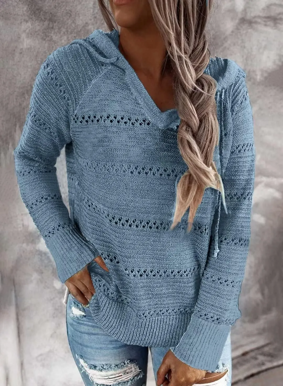 BLENCOT Women Color Block Hooded Crochet Striped Sweaters Lightweight Drawstring Hoodies Pullover Trendy Sweatshirts