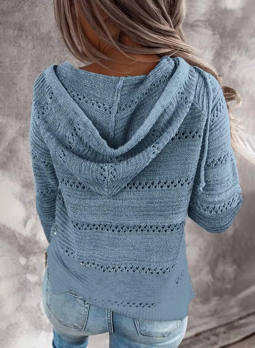 BLENCOT Women Color Block Hooded Crochet Striped Sweaters Lightweight Drawstring Hoodies Pullover Trendy Sweatshirts