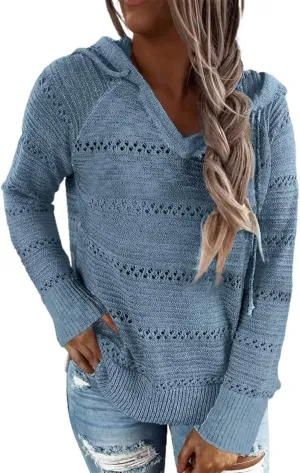 BLENCOT Women Color Block Hooded Crochet Striped Sweaters Lightweight Drawstring Hoodies Pullover Trendy Sweatshirts