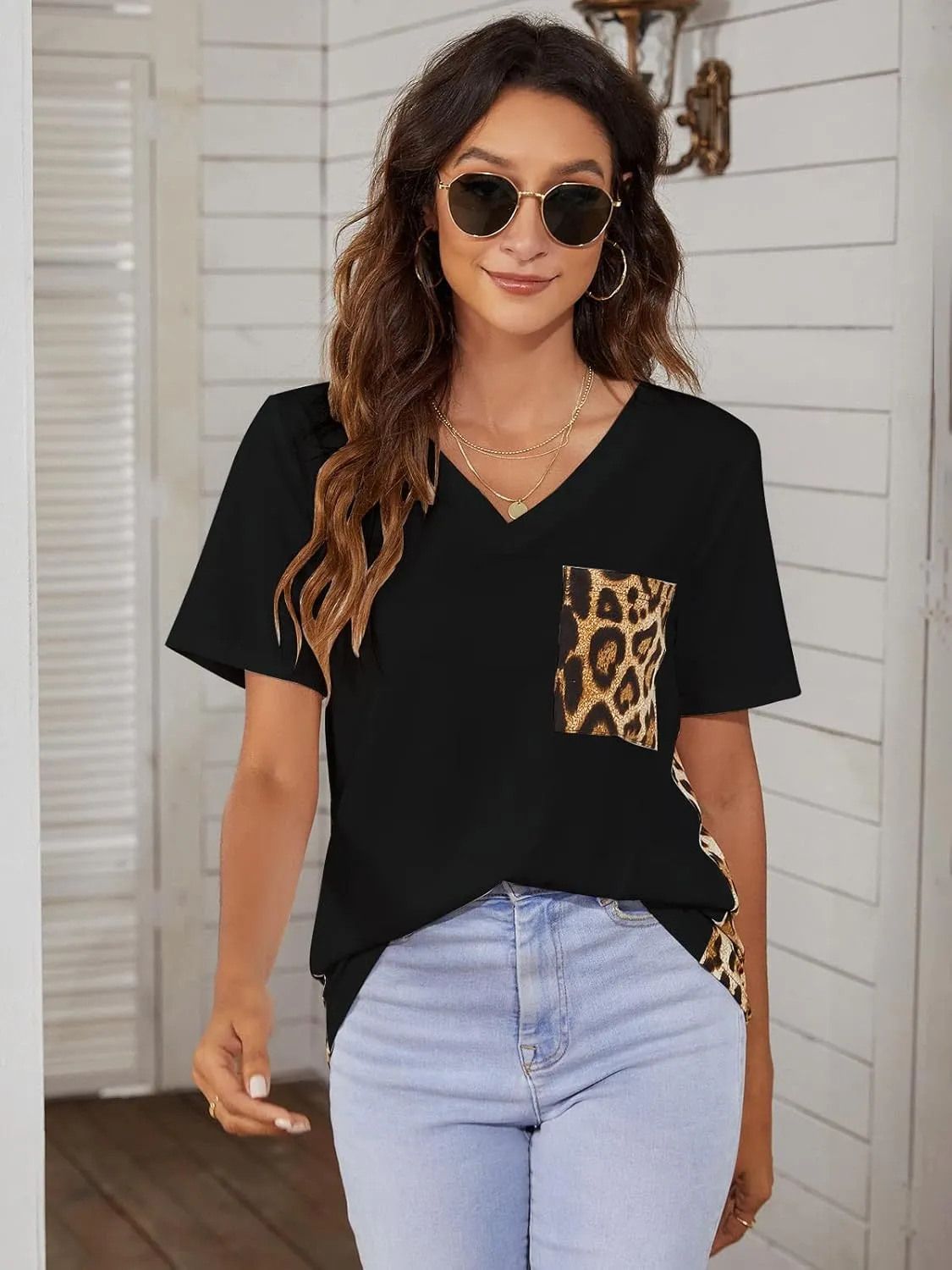 Blooming Jelly Women's Leopard Print Tops Loose V Neck Shirts Short Sleeve Blouses with Pocket