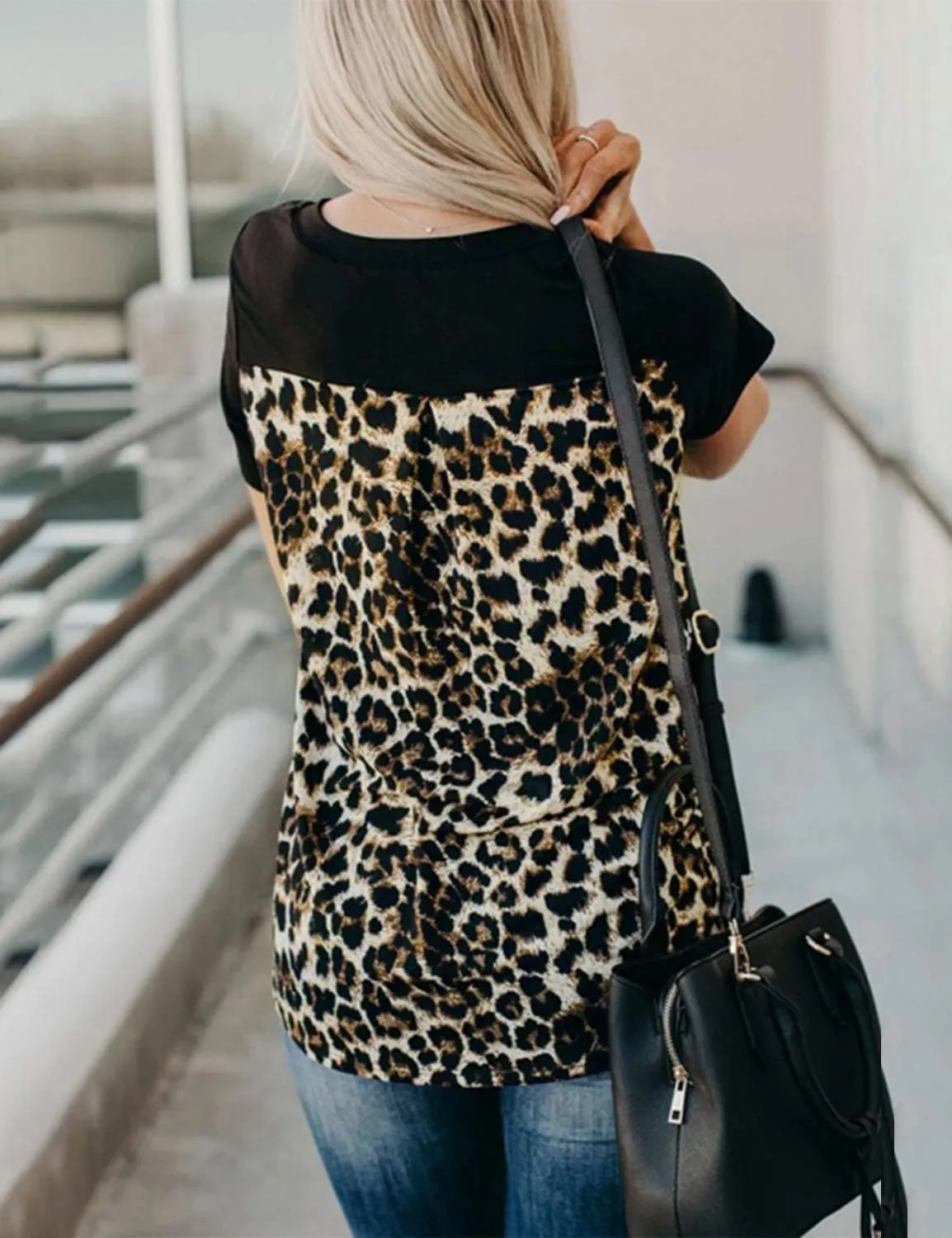 Blooming Jelly Women's Leopard Print Tops Loose V Neck Shirts Short Sleeve Blouses with Pocket