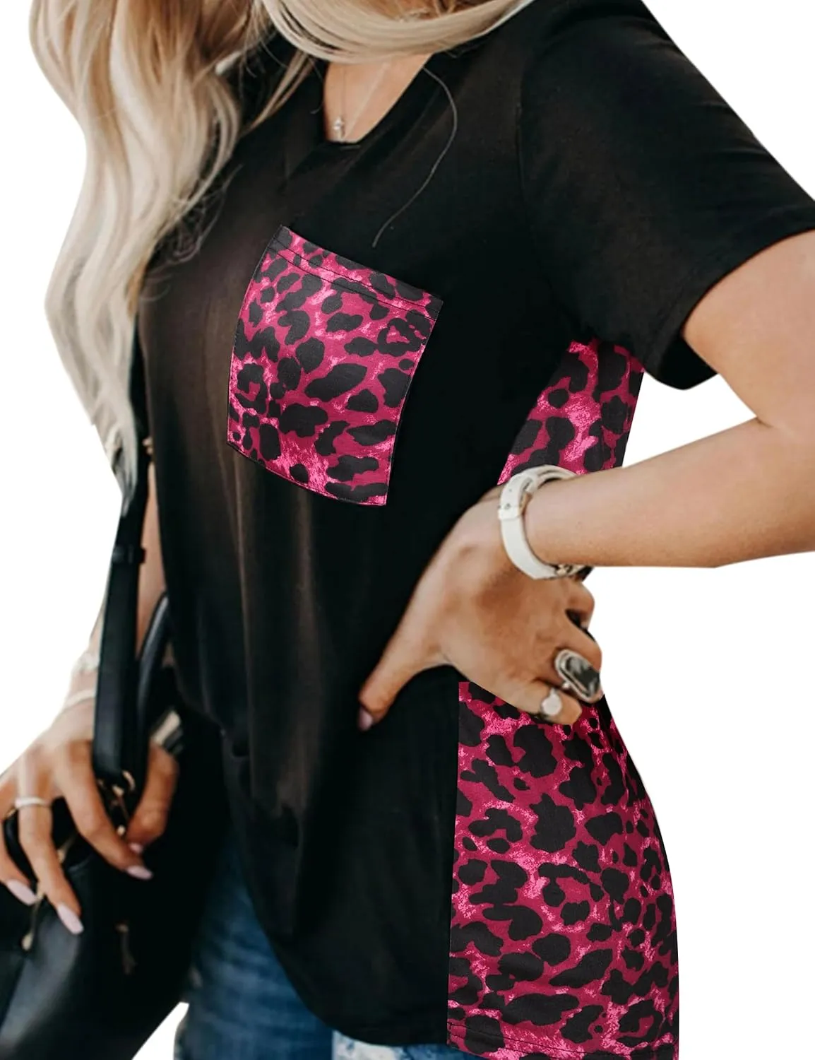 Blooming Jelly Women's Leopard Print Tops Loose V Neck Shirts Short Sleeve Blouses with Pocket