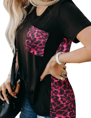 Blooming Jelly Women's Leopard Print Tops Loose V Neck Shirts Short Sleeve Blouses with Pocket
