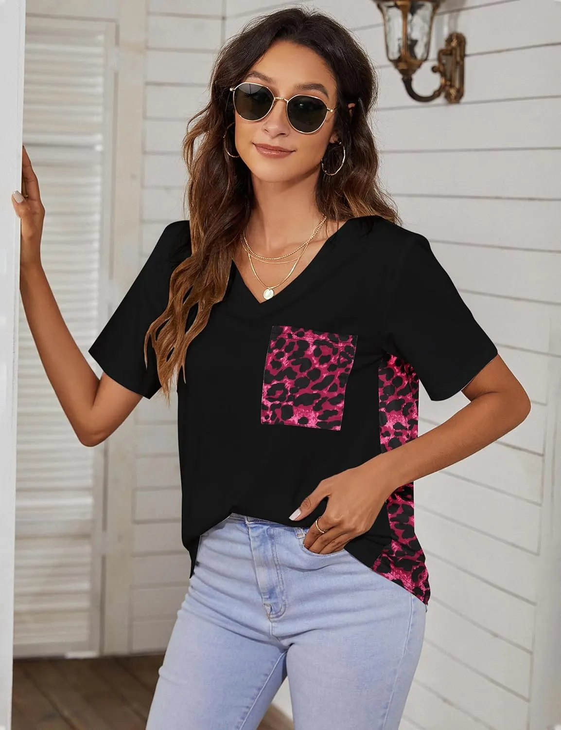 Blooming Jelly Women's Leopard Print Tops Loose V Neck Shirts Short Sleeve Blouses with Pocket