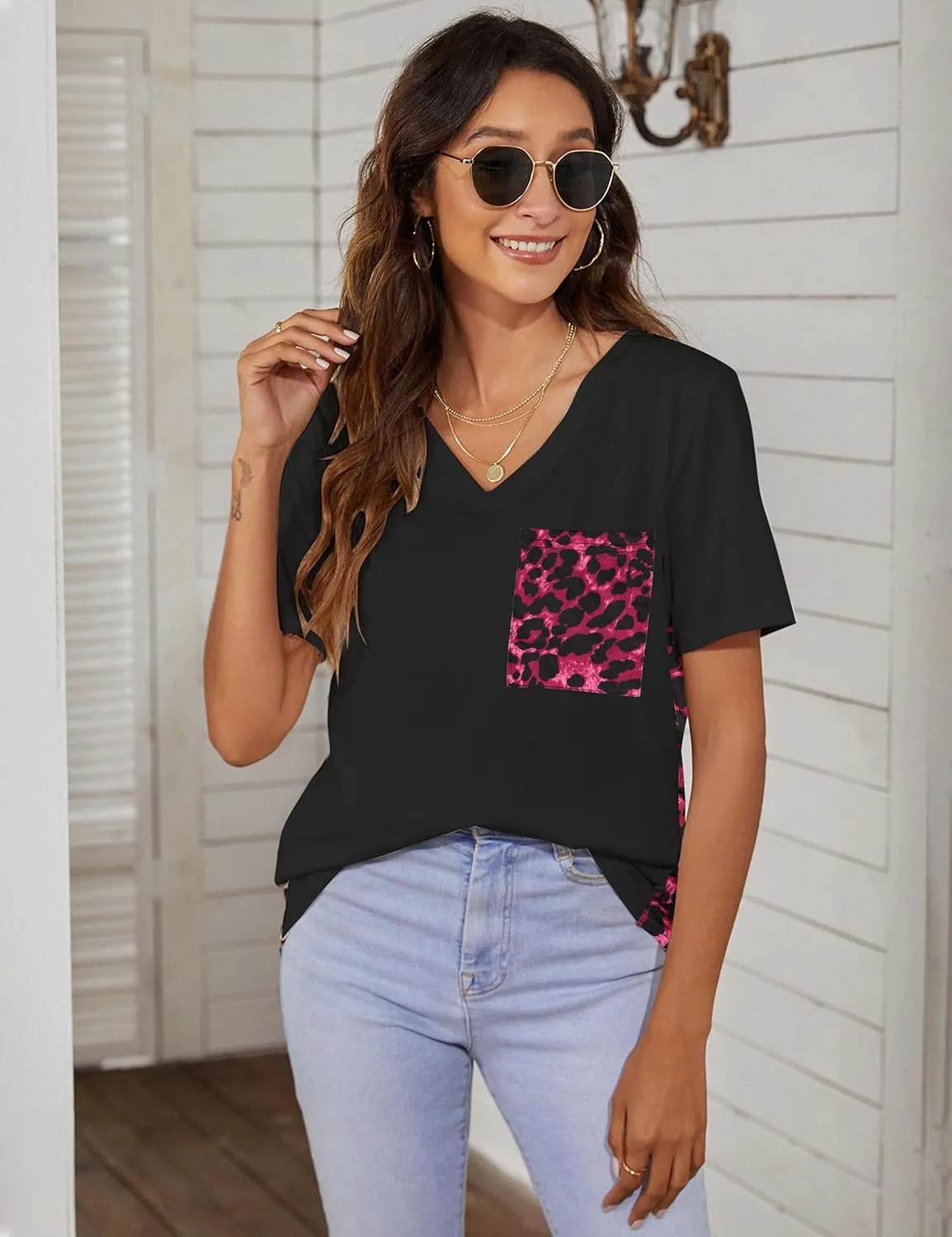 Blooming Jelly Women's Leopard Print Tops Loose V Neck Shirts Short Sleeve Blouses with Pocket