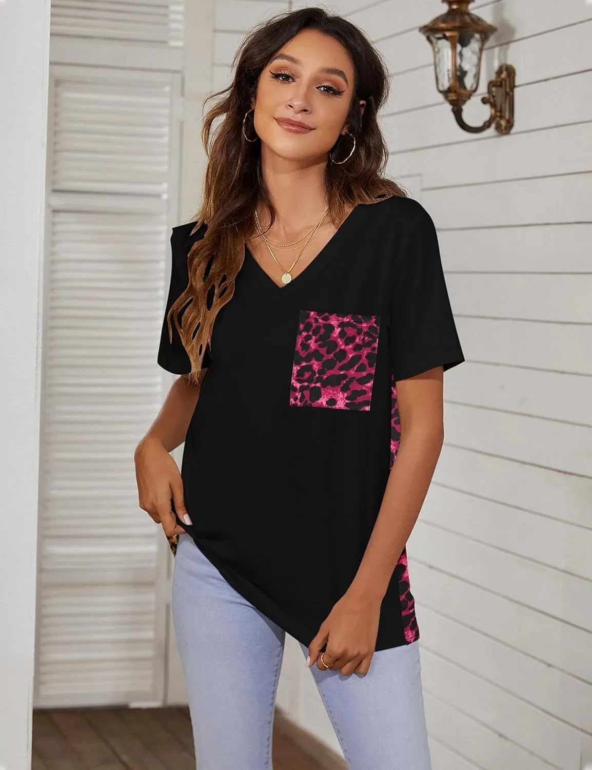 Blooming Jelly Women's Leopard Print Tops Loose V Neck Shirts Short Sleeve Blouses with Pocket