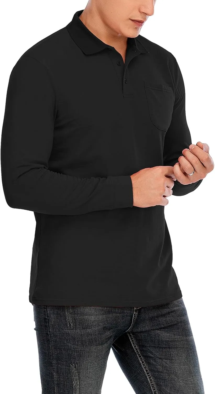 Brosloth Men's Cotton Long Sleeve Polo Shirts with Pocket Moisture Wicking Classic Casual Sport Golf Shirt