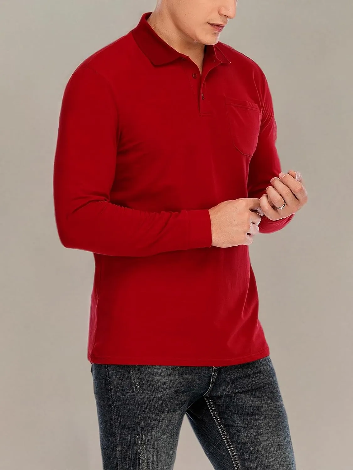 Brosloth Men's Cotton Long Sleeve Polo Shirts with Pocket Moisture Wicking Classic Casual Sport Golf Shirt