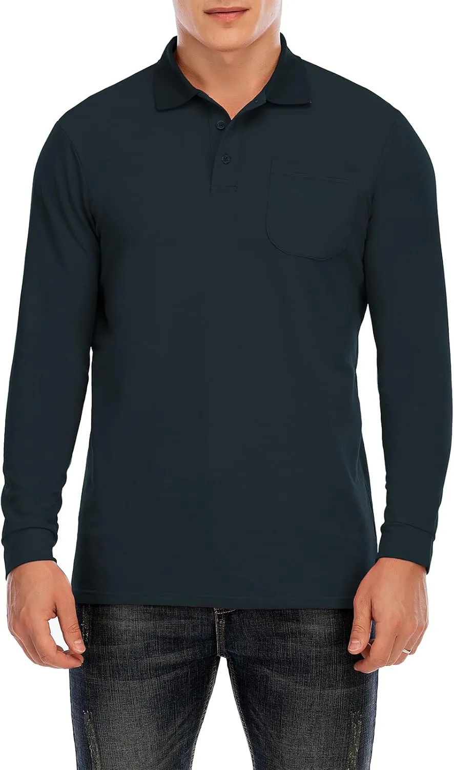 Brosloth Men's Cotton Long Sleeve Polo Shirts with Pocket Moisture Wicking Classic Casual Sport Golf Shirt