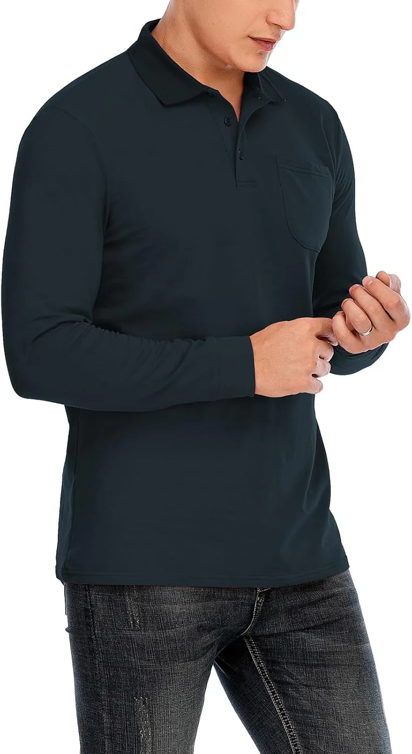 Brosloth Men's Cotton Long Sleeve Polo Shirts with Pocket Moisture Wicking Classic Casual Sport Golf Shirt