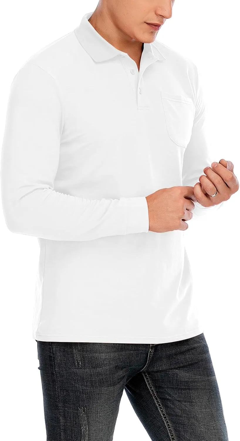 Brosloth Men's Cotton Long Sleeve Polo Shirts with Pocket Moisture Wicking Classic Casual Sport Golf Shirt