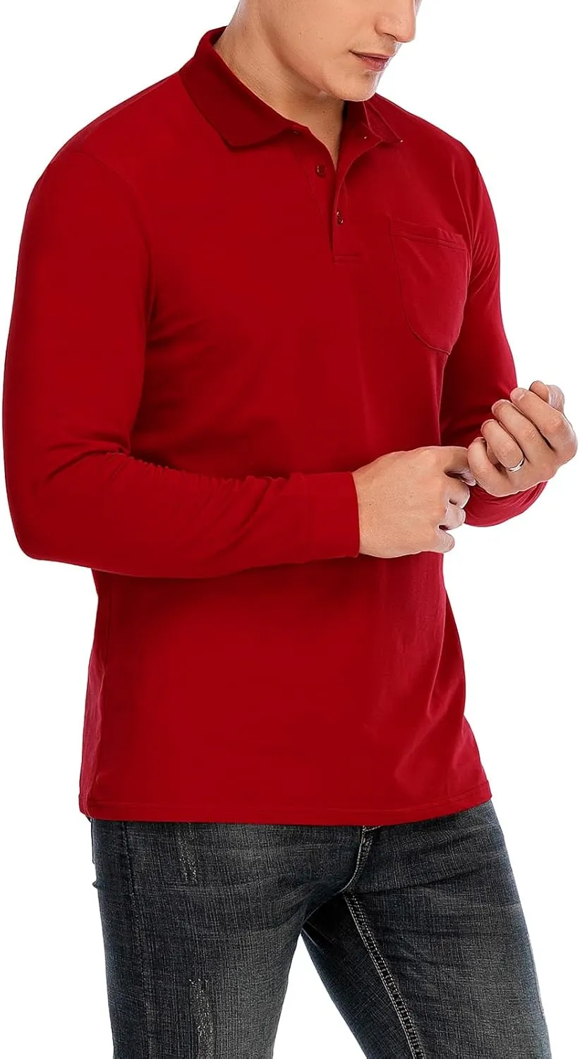 Brosloth Men's Cotton Long Sleeve Polo Shirts with Pocket Moisture Wicking Classic Casual Sport Golf Shirt