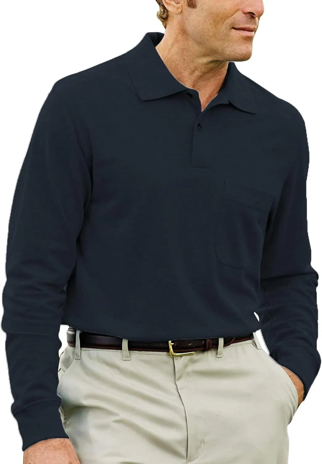 Brosloth Men's Cotton Long Sleeve Polo Shirts with Pocket Moisture Wicking Classic Casual Sport Golf Shirt