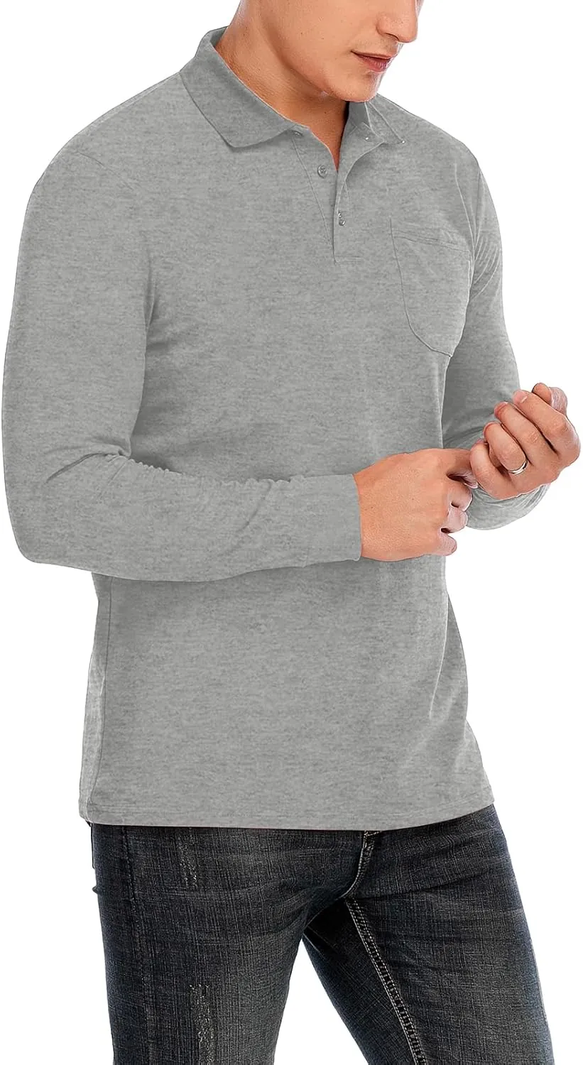 Brosloth Men's Cotton Long Sleeve Polo Shirts with Pocket Moisture Wicking Classic Casual Sport Golf Shirt