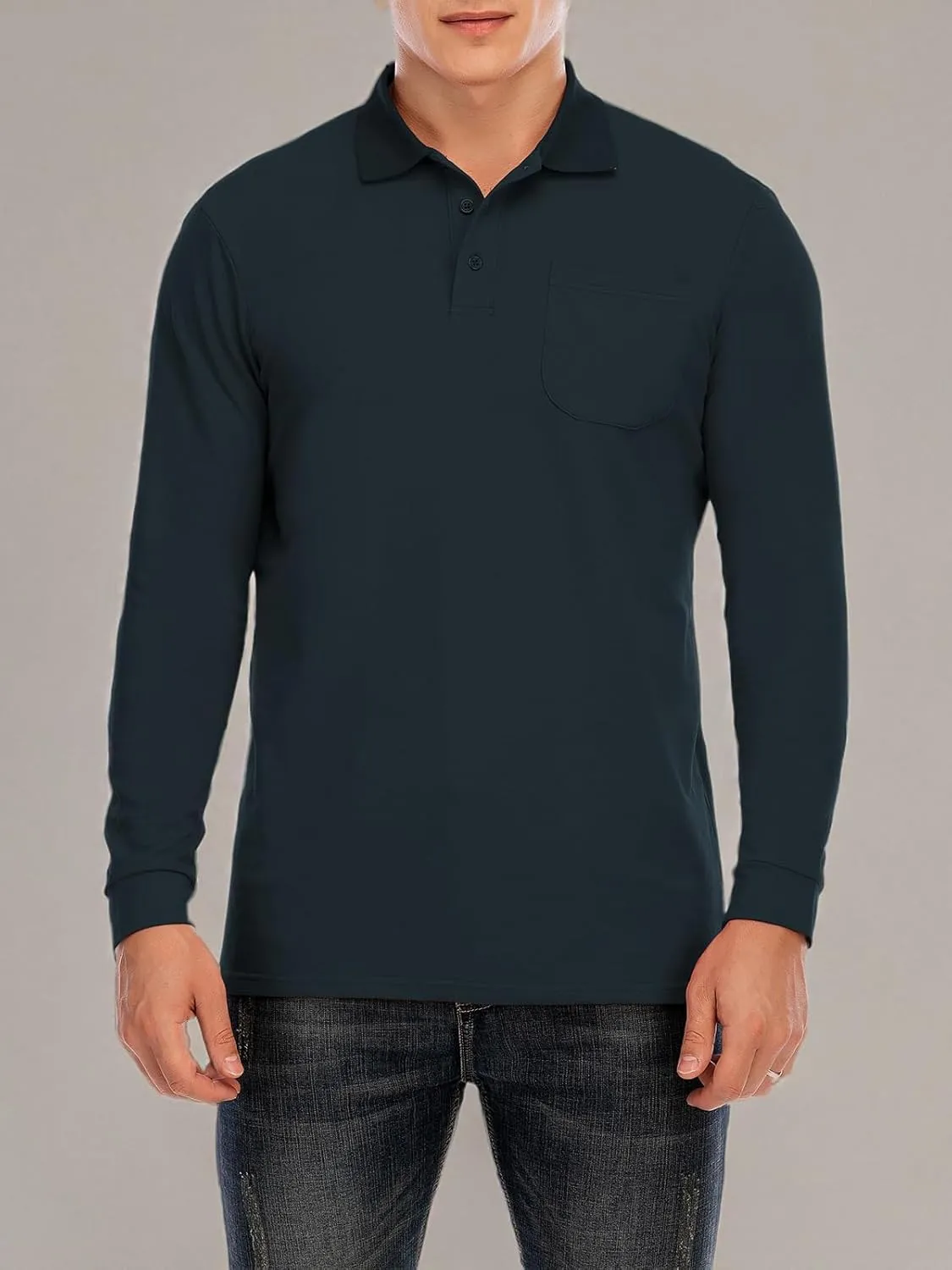Brosloth Men's Cotton Long Sleeve Polo Shirts with Pocket Moisture Wicking Classic Casual Sport Golf Shirt