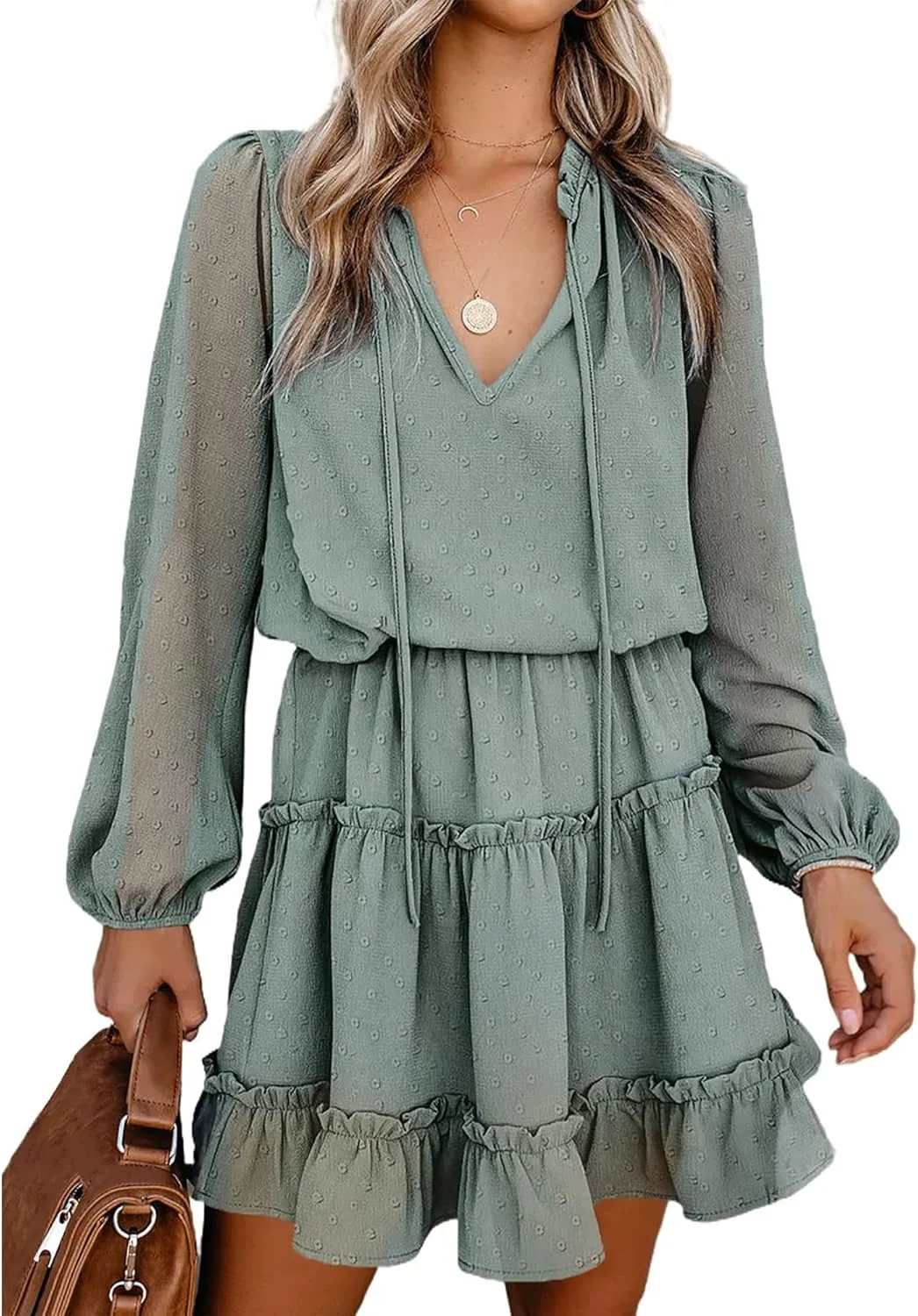BTFBM Women Casual Summer Spring Dresses 2025 Tie Neck Long Sleeve High Waist Tiered Ruffle Aline Swing Tunic Mini Dress