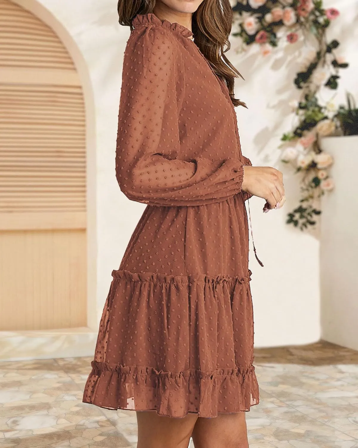 BTFBM Women Casual Summer Spring Dresses 2025 Tie Neck Long Sleeve High Waist Tiered Ruffle Aline Swing Tunic Mini Dress