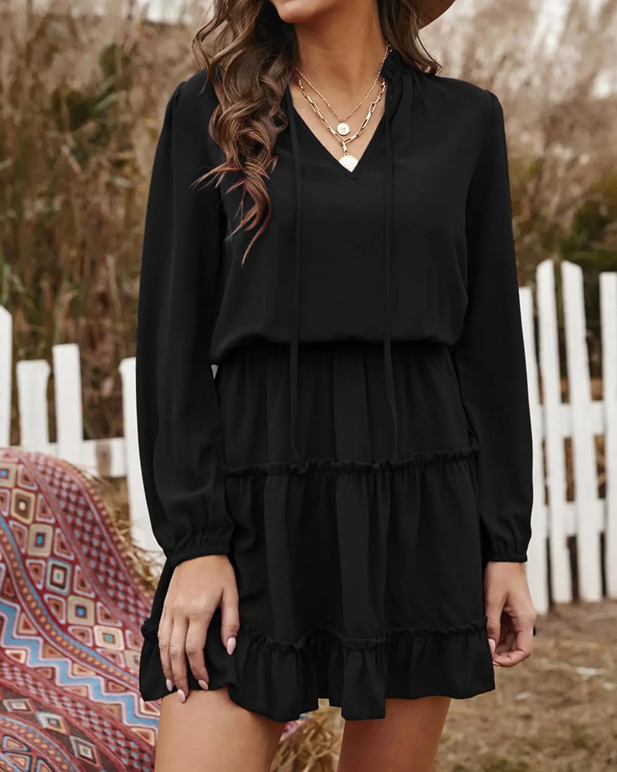BTFBM Women Casual Summer Spring Dresses 2025 Tie Neck Long Sleeve High Waist Tiered Ruffle Aline Swing Tunic Mini Dress