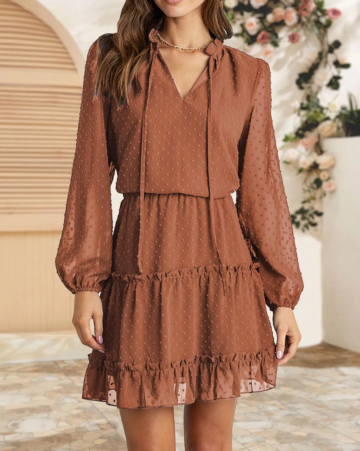 BTFBM Women Casual Summer Spring Dresses 2025 Tie Neck Long Sleeve High Waist Tiered Ruffle Aline Swing Tunic Mini Dress