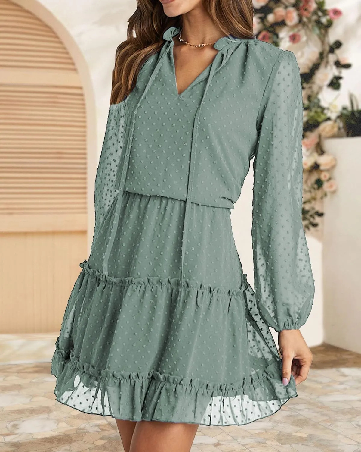 BTFBM Women Casual Summer Spring Dresses 2025 Tie Neck Long Sleeve High Waist Tiered Ruffle Aline Swing Tunic Mini Dress