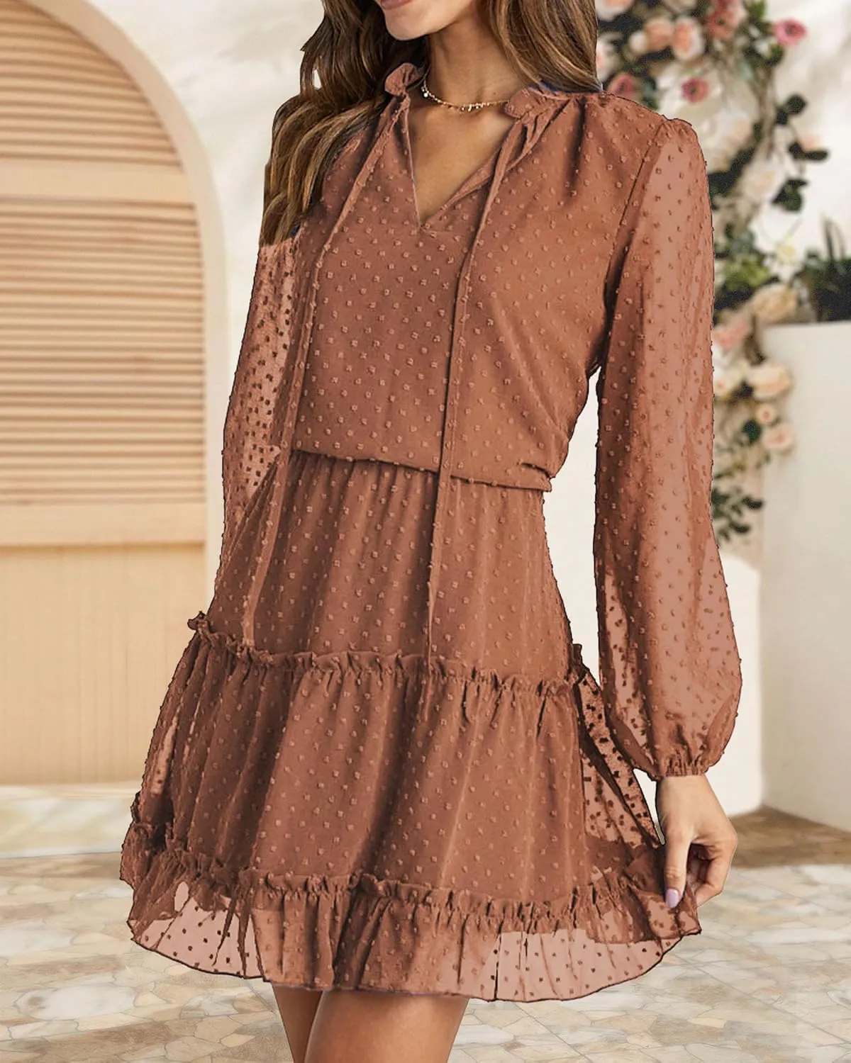 BTFBM Women Casual Summer Spring Dresses 2025 Tie Neck Long Sleeve High Waist Tiered Ruffle Aline Swing Tunic Mini Dress