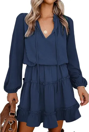 BTFBM Women Casual Summer Spring Dresses 2025 Tie Neck Long Sleeve High Waist Tiered Ruffle Aline Swing Tunic Mini Dress