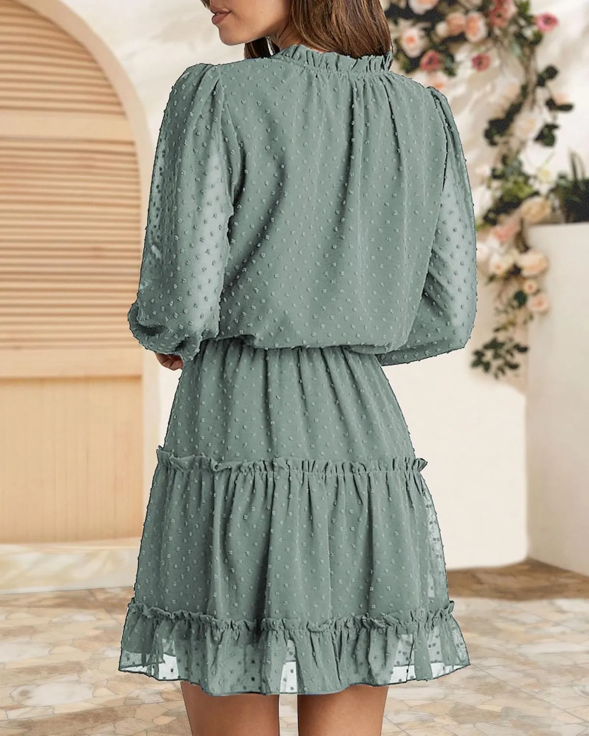 BTFBM Women Casual Summer Spring Dresses 2025 Tie Neck Long Sleeve High Waist Tiered Ruffle Aline Swing Tunic Mini Dress