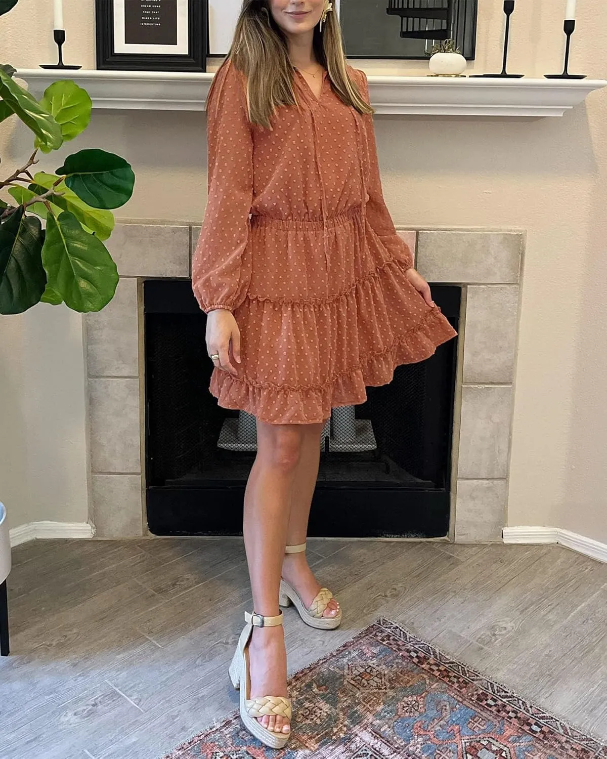 BTFBM Women Casual Summer Spring Dresses 2025 Tie Neck Long Sleeve High Waist Tiered Ruffle Aline Swing Tunic Mini Dress