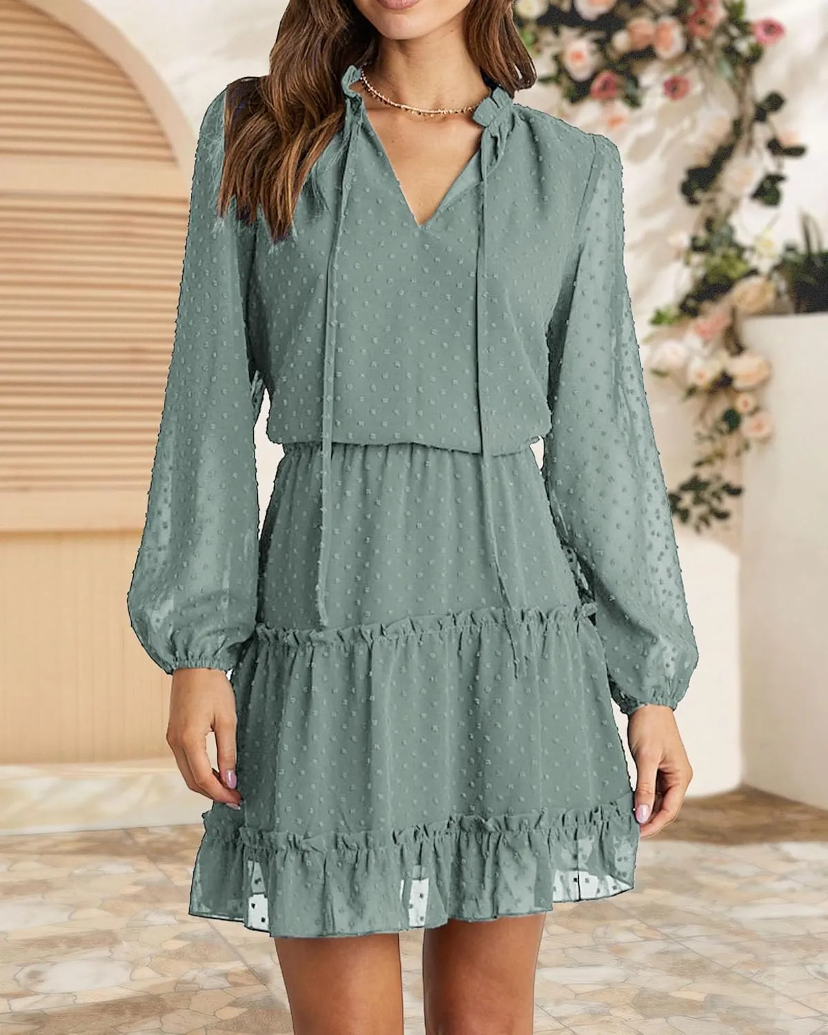 BTFBM Women Casual Summer Spring Dresses 2025 Tie Neck Long Sleeve High Waist Tiered Ruffle Aline Swing Tunic Mini Dress