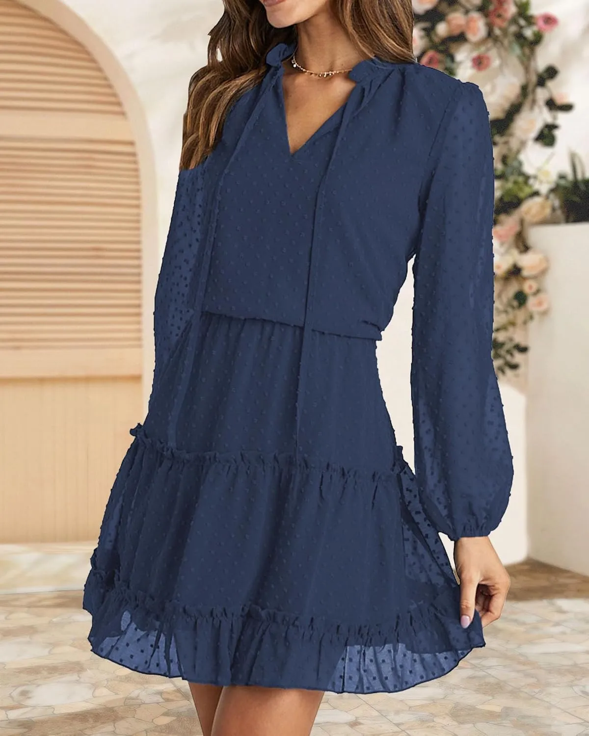 BTFBM Women Casual Summer Spring Dresses 2025 Tie Neck Long Sleeve High Waist Tiered Ruffle Aline Swing Tunic Mini Dress