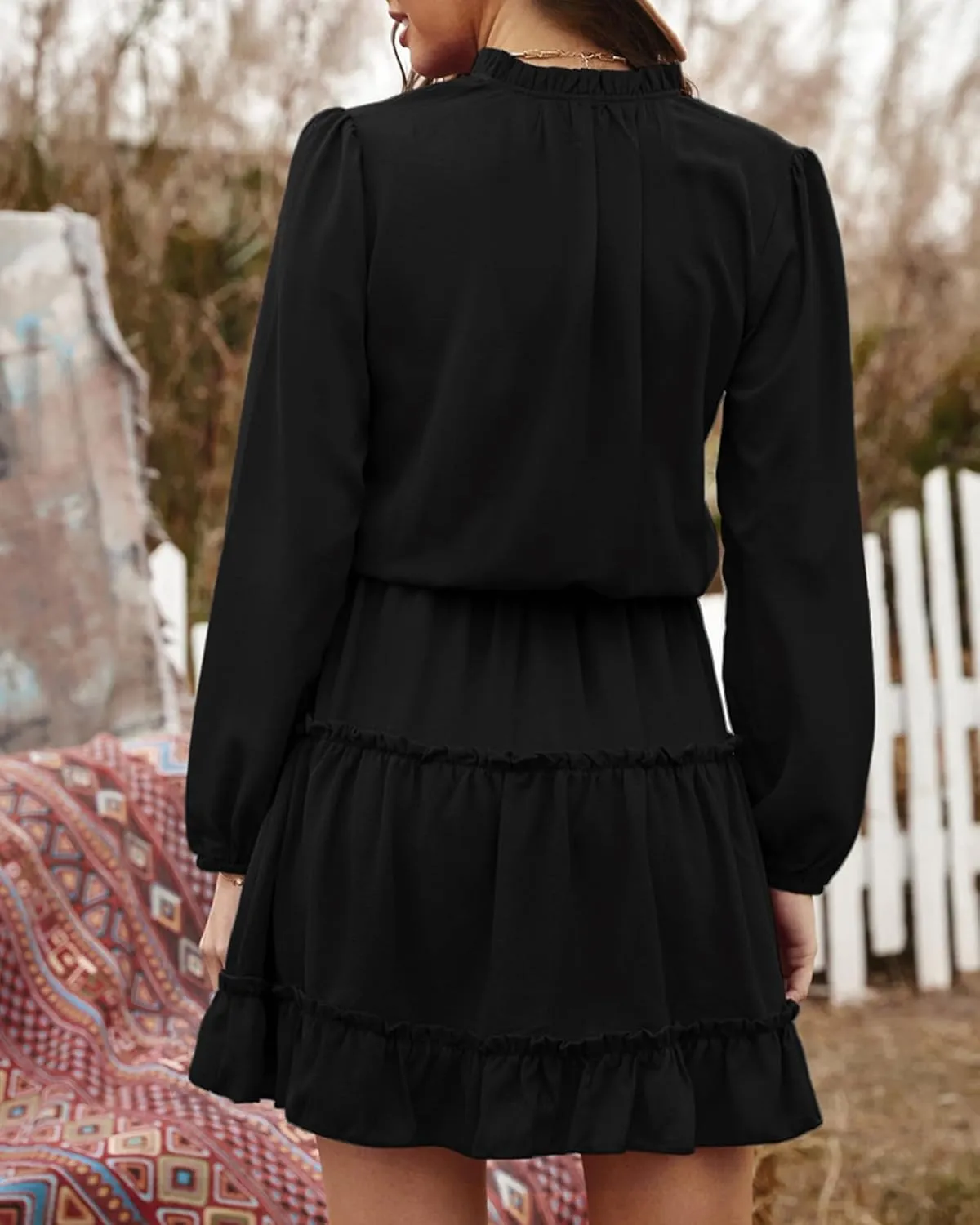 BTFBM Women Casual Summer Spring Dresses 2025 Tie Neck Long Sleeve High Waist Tiered Ruffle Aline Swing Tunic Mini Dress
