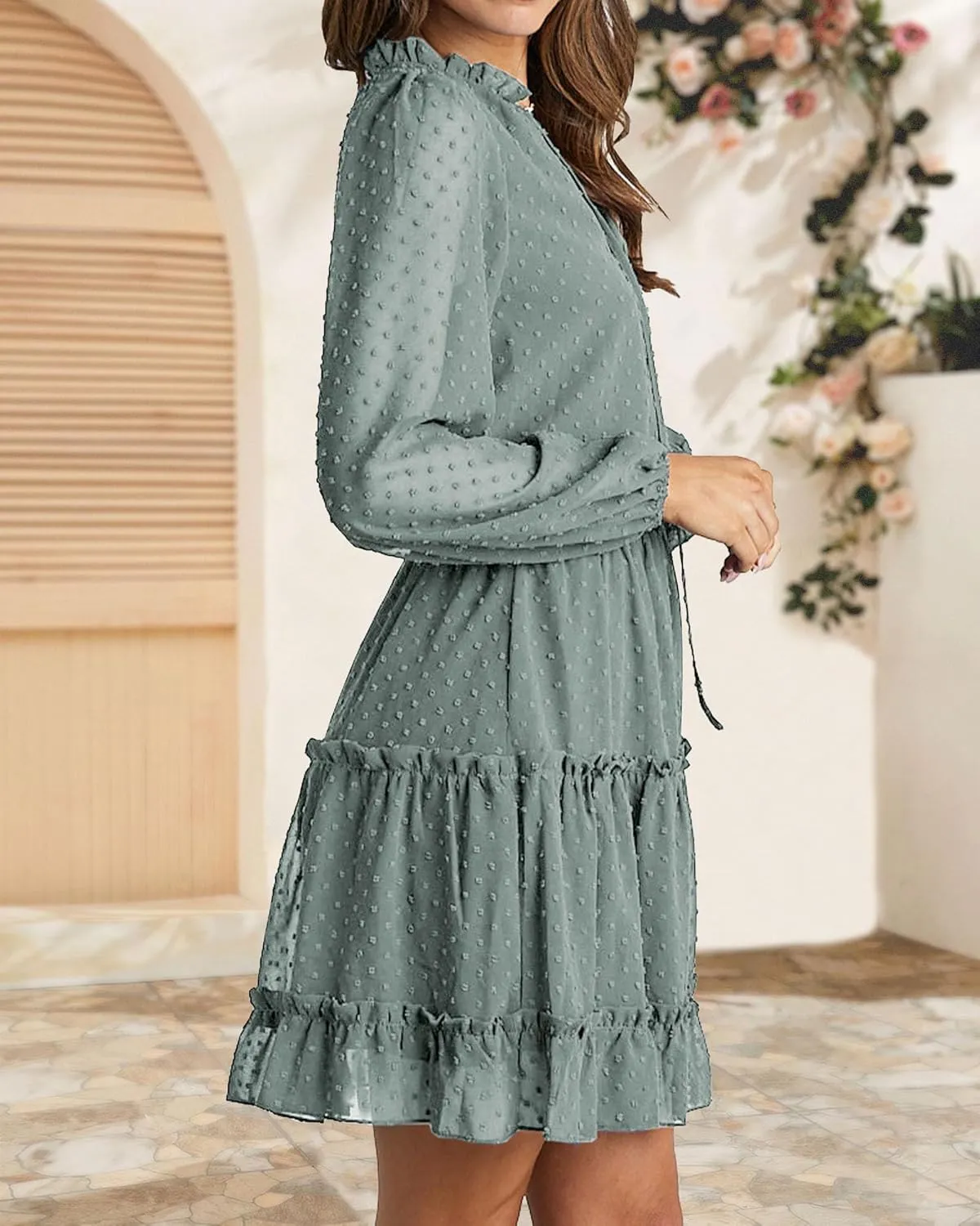 BTFBM Women Casual Summer Spring Dresses 2025 Tie Neck Long Sleeve High Waist Tiered Ruffle Aline Swing Tunic Mini Dress