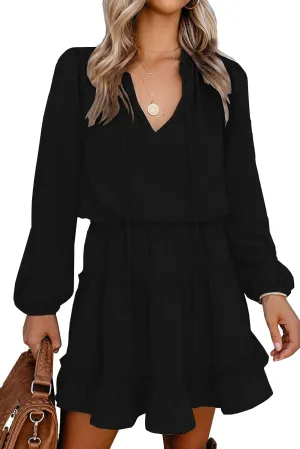BTFBM Women Casual Summer Spring Dresses 2025 Tie Neck Long Sleeve High Waist Tiered Ruffle Aline Swing Tunic Mini Dress