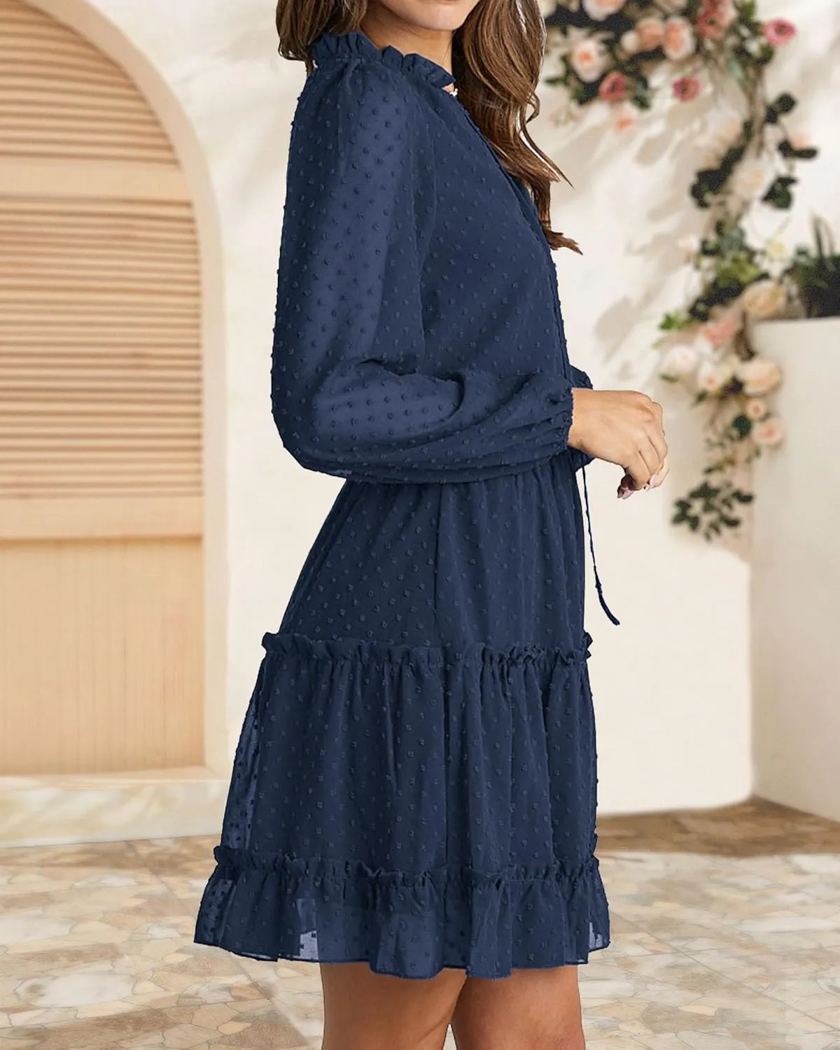 BTFBM Women Casual Summer Spring Dresses 2025 Tie Neck Long Sleeve High Waist Tiered Ruffle Aline Swing Tunic Mini Dress