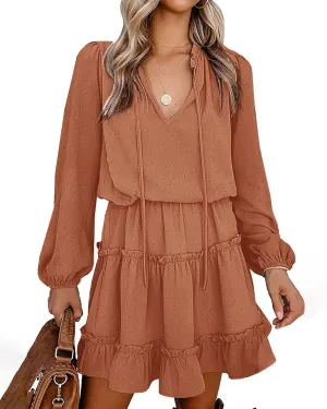 BTFBM Women Casual Summer Spring Dresses 2025 Tie Neck Long Sleeve High Waist Tiered Ruffle Aline Swing Tunic Mini Dress