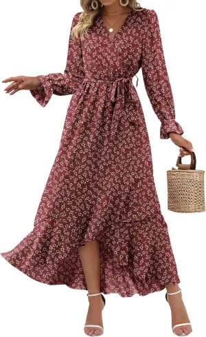 BTFBM Women Long Sleeve Dresses Spring Summer Clothes 2025 V Neck Floral High Waist Ruffle Boho Wedding Guest Dress